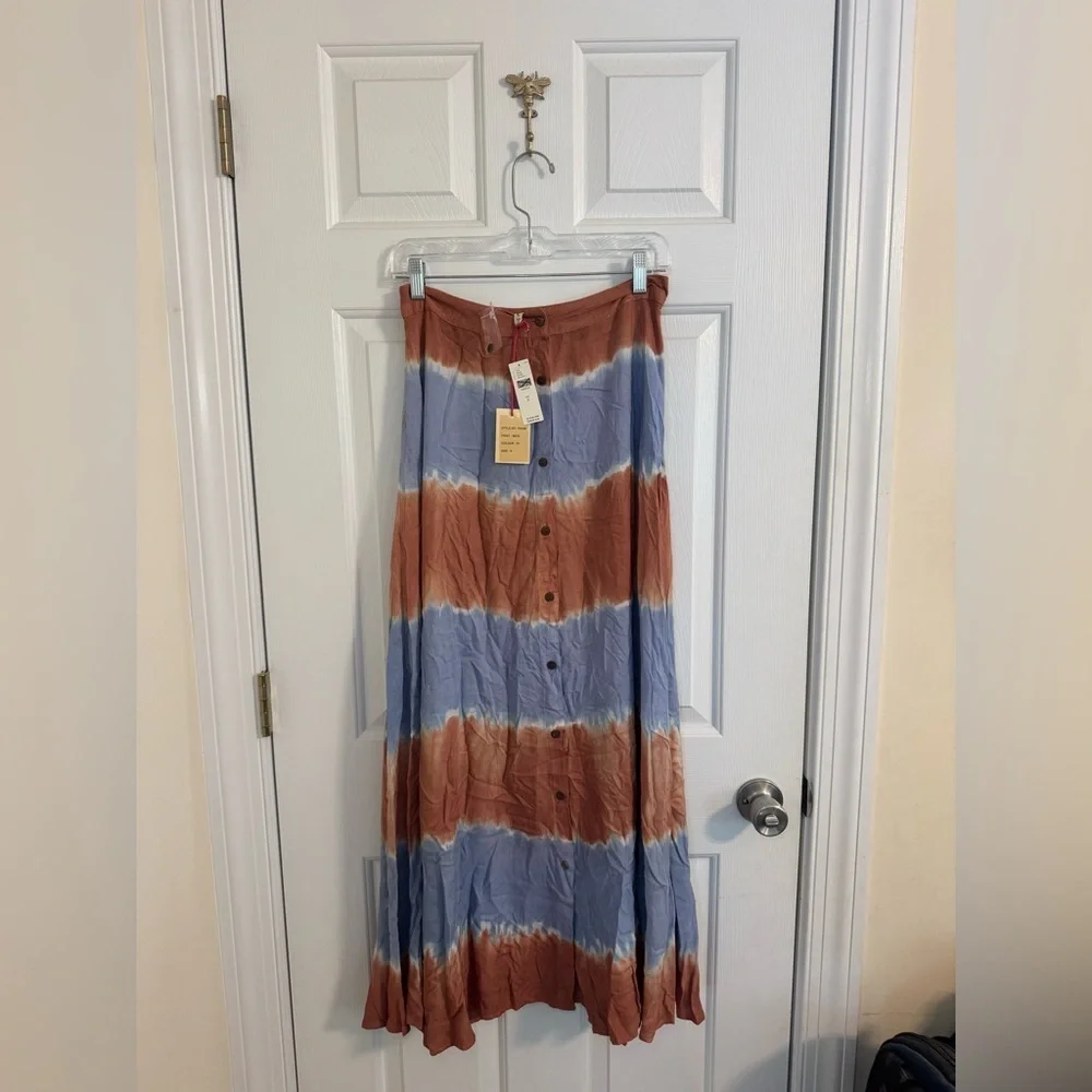 Raga by Anthropologie Jeannie Maxi Skirt size small Bohemian Tie-Dye blue orange